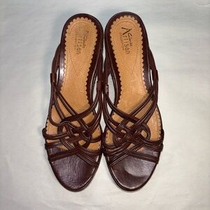 Clarks Women's Size 9 Brown Leather Strappy Braided Wedge Sandles 3" Heel Height